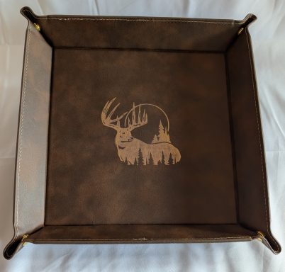 Rawhide "catch-all" tray (9") with gold deer engraving.