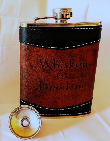 Premium leather flask includes filling funnel