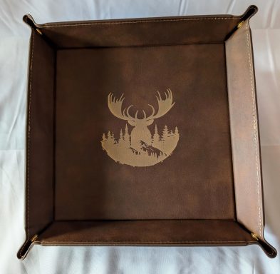 Rawhide "catch-all" tray (9") with gold moose engraving.