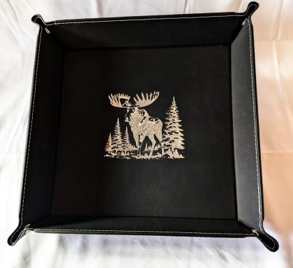 Black "catch-all" tray (9") with silver moose engraving.