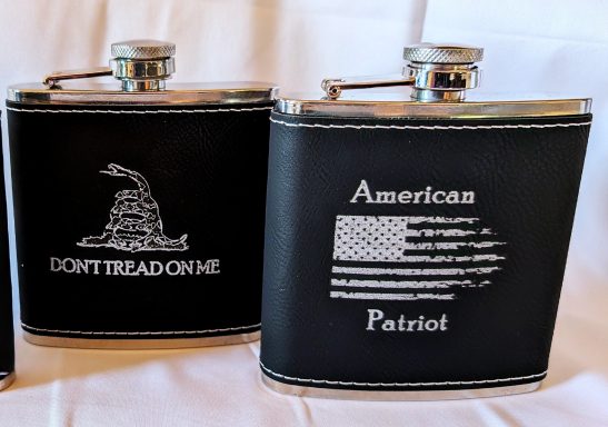 Black leatherette flask with silver engraving